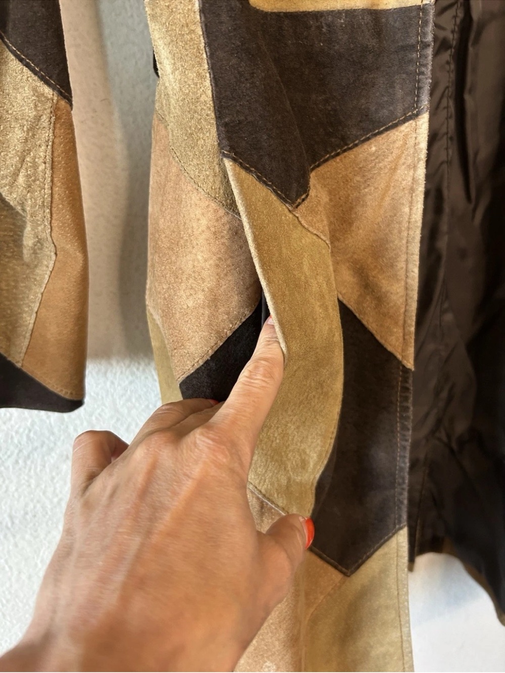 Vintage 90s Suede Patchwork Leather Coat Brown Tan Boho Y2K Small Penny Lane - Picture 11 of 16